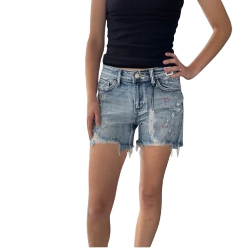 Women's L Judy Blue High Rise Rainbow Paint Splash Distressed Cutoff Jean Shorts